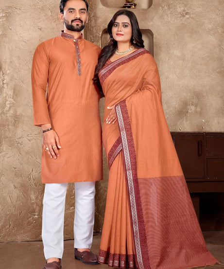 Linen Silk Kurta And Saree Set & Couple Combo Set