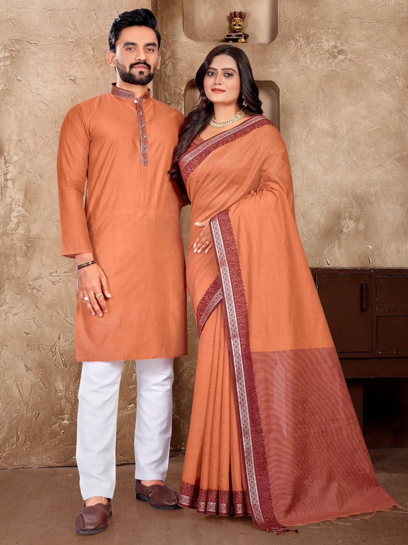 Linen Silk Kurta And Saree Set & Couple Combo Set