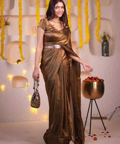 Golden Shaded Soft Shining Saree, Classic Sari With Stitched Blouse