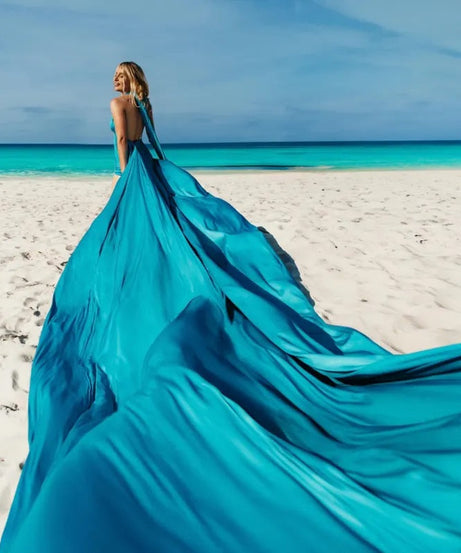 Turquoise Long Train Dress Flying Dress For Photoshoot Asymmetrical Flying Dress