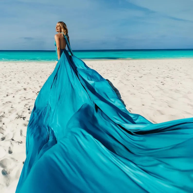 Turquoise Long Train Dress Flying Dress For Photoshoot Asymmetrical Flying Dress