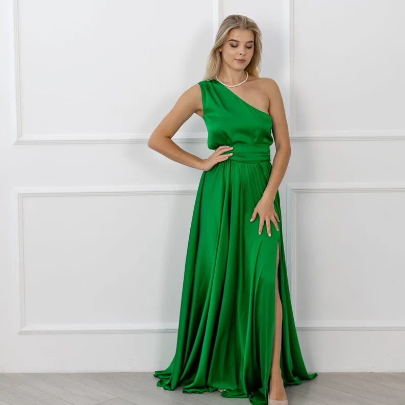 Custom Green Bridesmaid Dress One Shoulder Gown Wedding Guest Dress