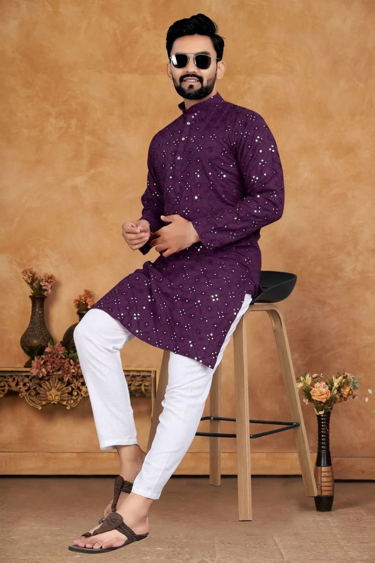 Men's Cotton With Embroidery Work Kurta Pajama Set