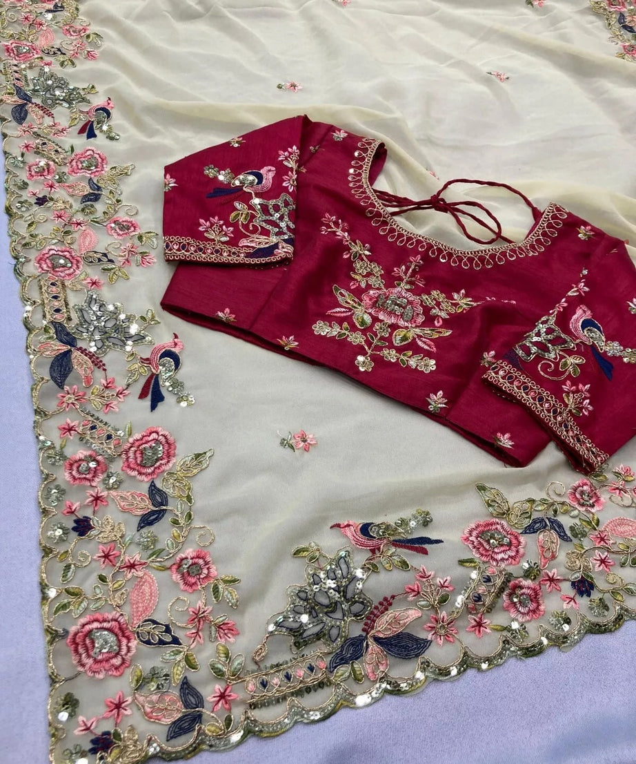 Georgette With Embroidery Work  Designer Sari & Blouse