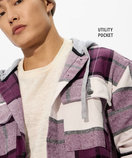 Plaid Hooded Shacket Mauve Mist Men Shackets
