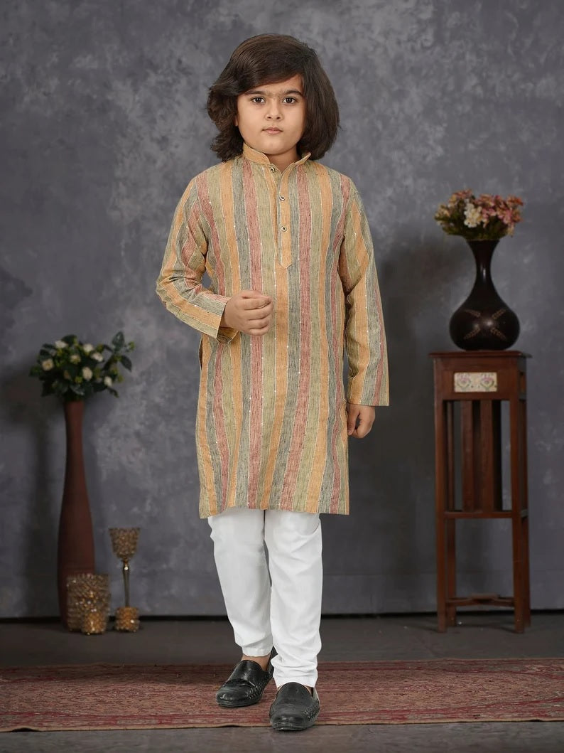 Linen Slub Strip Fancy Kid's & Boy's Kurta Pajama Set