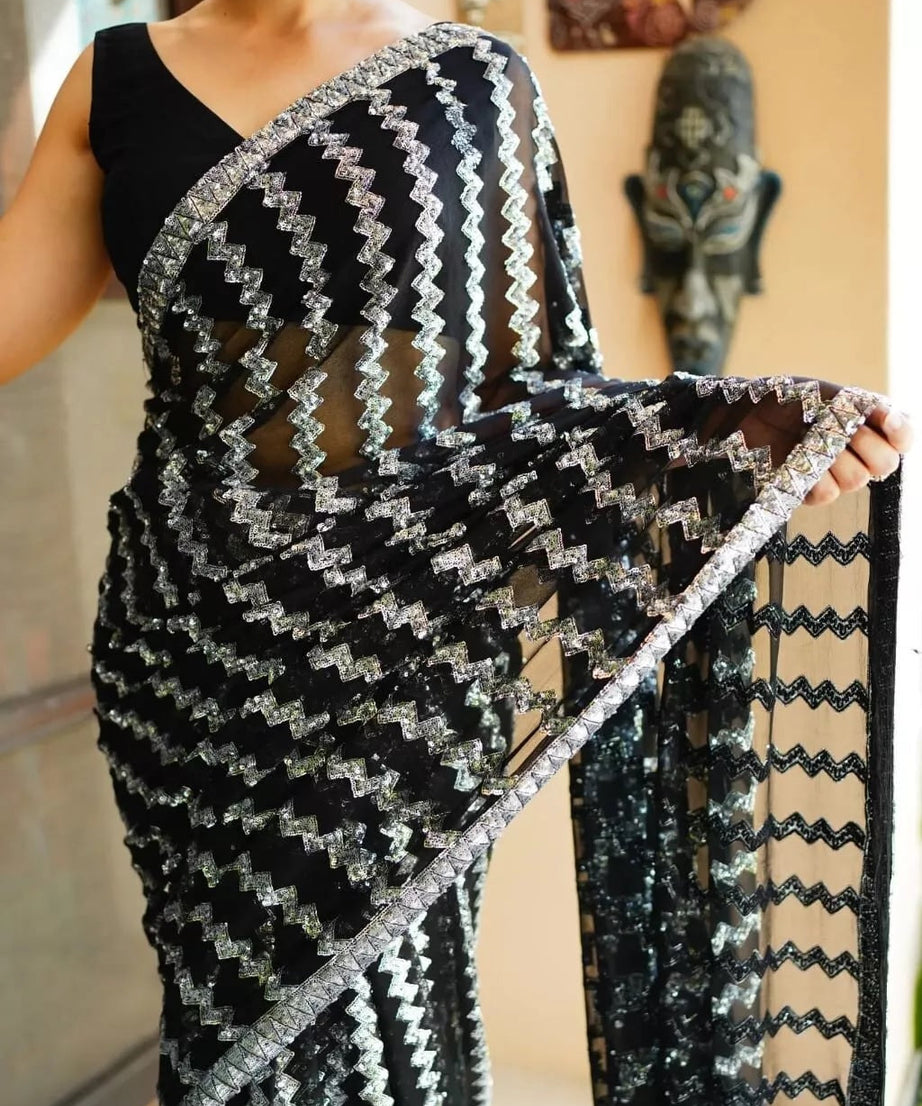 Georgette With Embroidery Sequence Work  Sari & Blouse