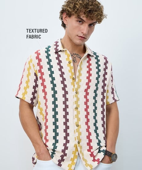 Tropical Stripes Men Textured Shirts