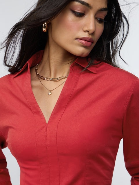 Cherry Red Fitted  Women Shirts