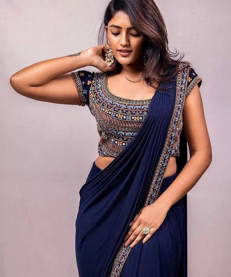 Soft Georgette With Embroidery Lace Border Ready To Wear Sari With Blouse