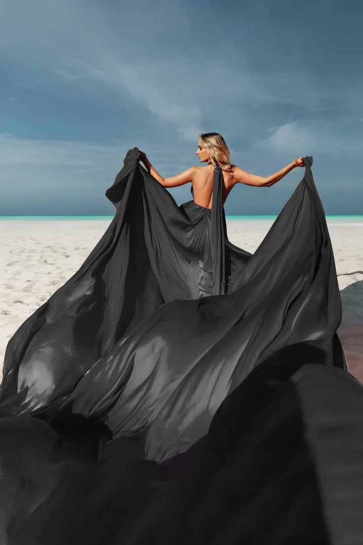 Flying Dress Black Long Flying Dress For Photoshoot Asymmetrical