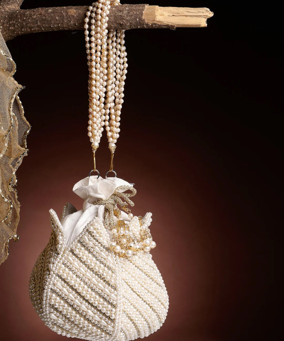 Lotus Pearl Embellished Faux Silk Potli Bag