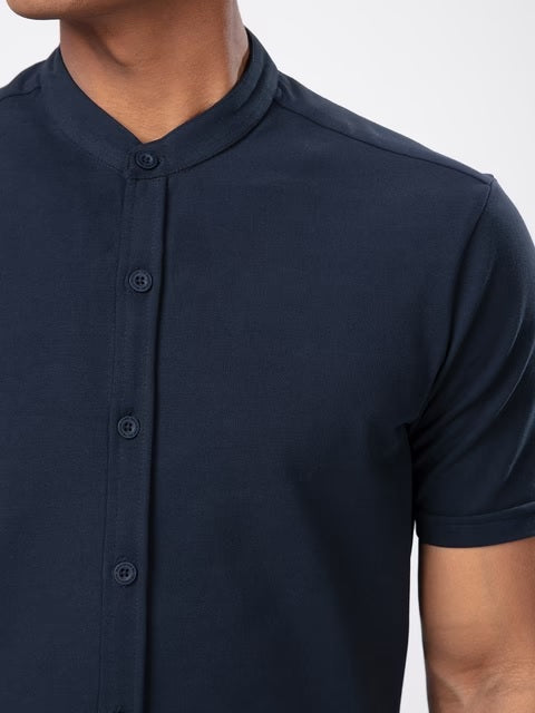 Mandarin Navy Blue Knit Shirts