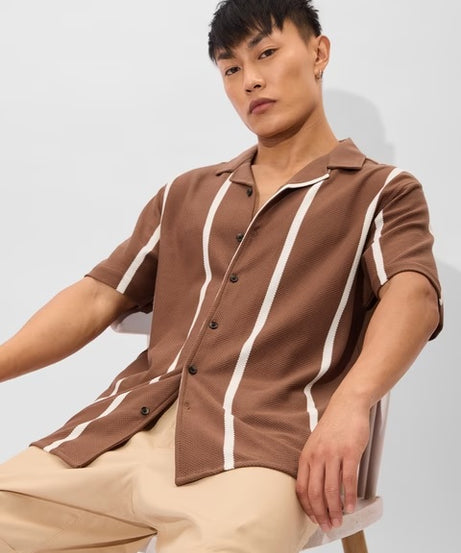 Stripes Brown, White Men Textured Shirts
