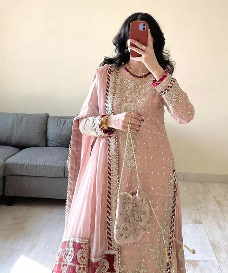 Indian Wedding Special Ethnic Stitched Faux Georgette Top Sharara Dupatta