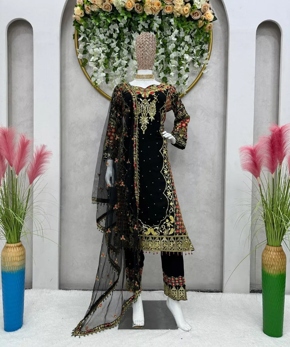 Faux Georgette Indian Ethnic Top Pant & Dupatta Set