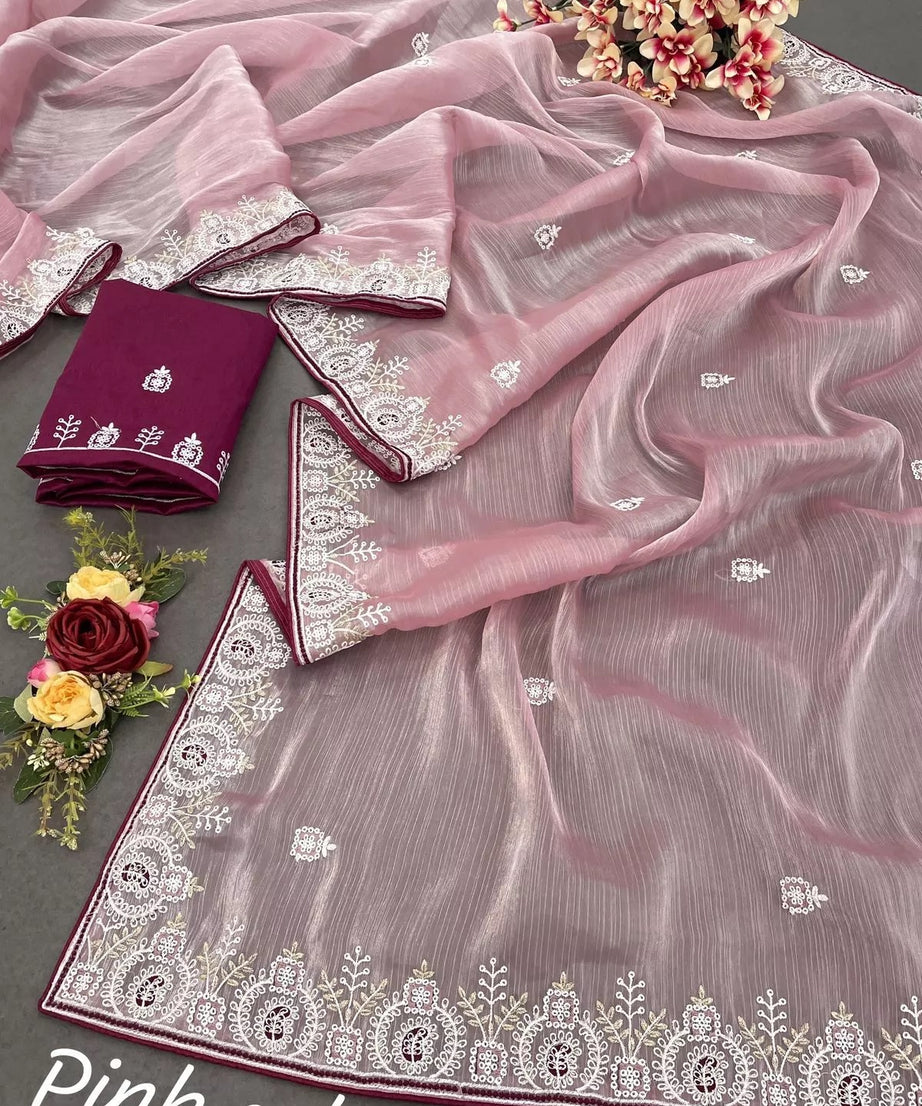 Barbari Silk Fabric With Embroidery Thread Work Designer Sari & Blouse