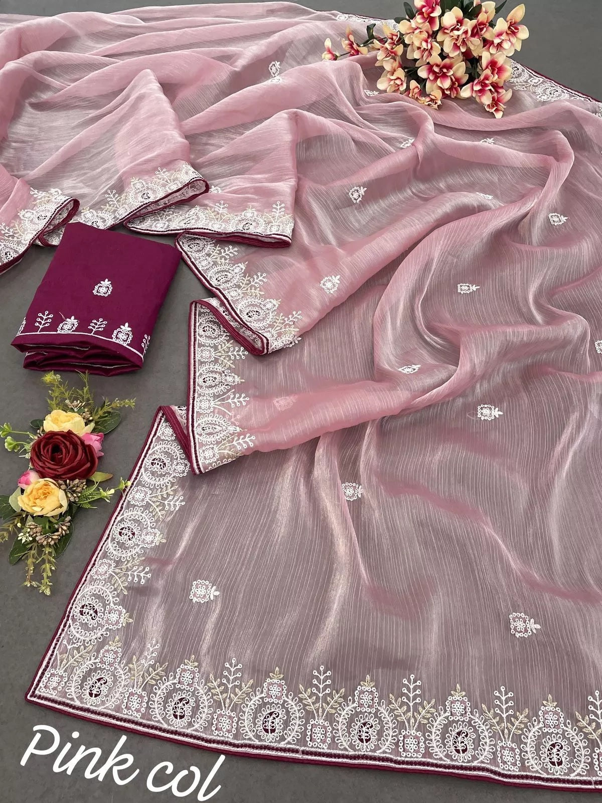 Barbari Silk Fabric With Embroidery Thread Work Designer Sari & Blouse