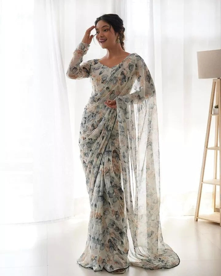 Premium Georgette With Fancy Lace Border Work Read To Wear Sari With Blouse