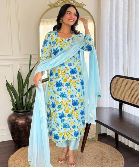 Beautiful Women's Georgette & Print Work Top Bottom & Dupatta Set 12-BS