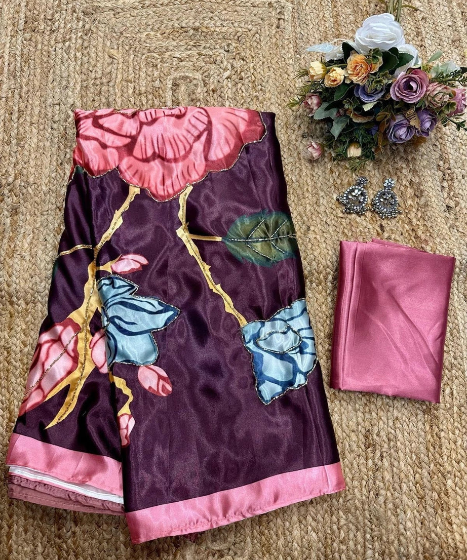 Women's Wedding Classic Latest Japan Satin Saree ,New Sari & Blouse