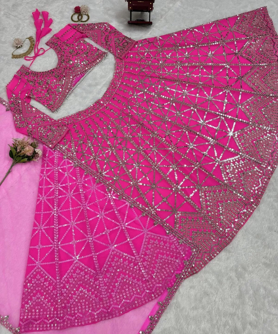 Pink Traditional Wedding Georgette With Thread Work Lehenga Blouse & Dupatta