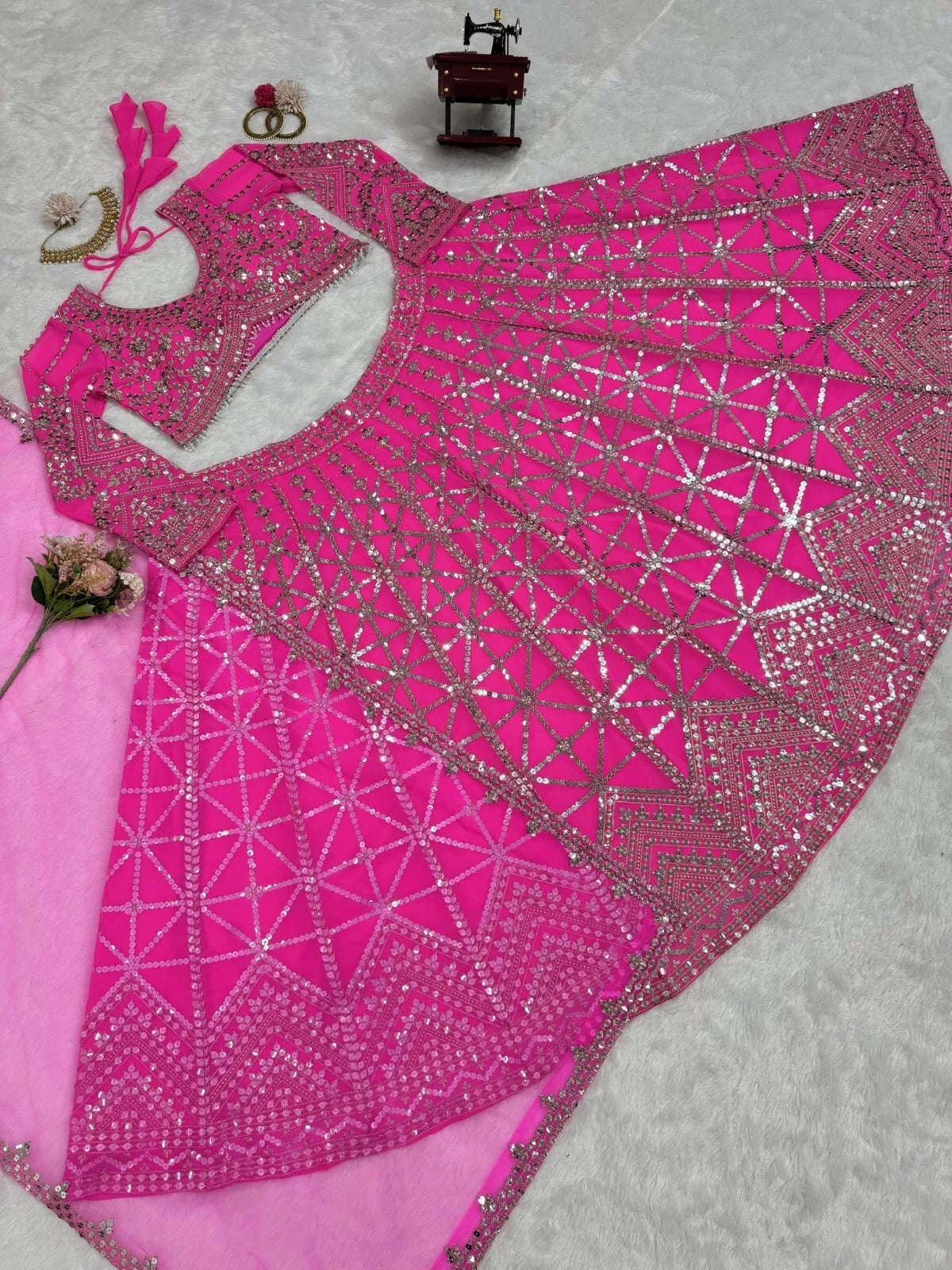 Pink Traditional Wedding Georgette With Thread Work Lehenga Blouse & Dupatta