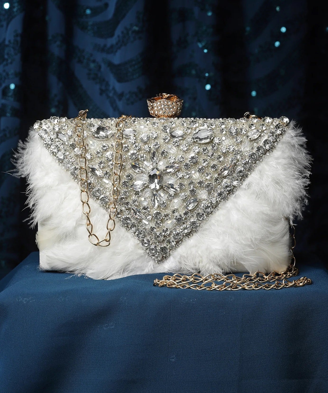 Feather Stone Work Embellished Velvet Box Clutch