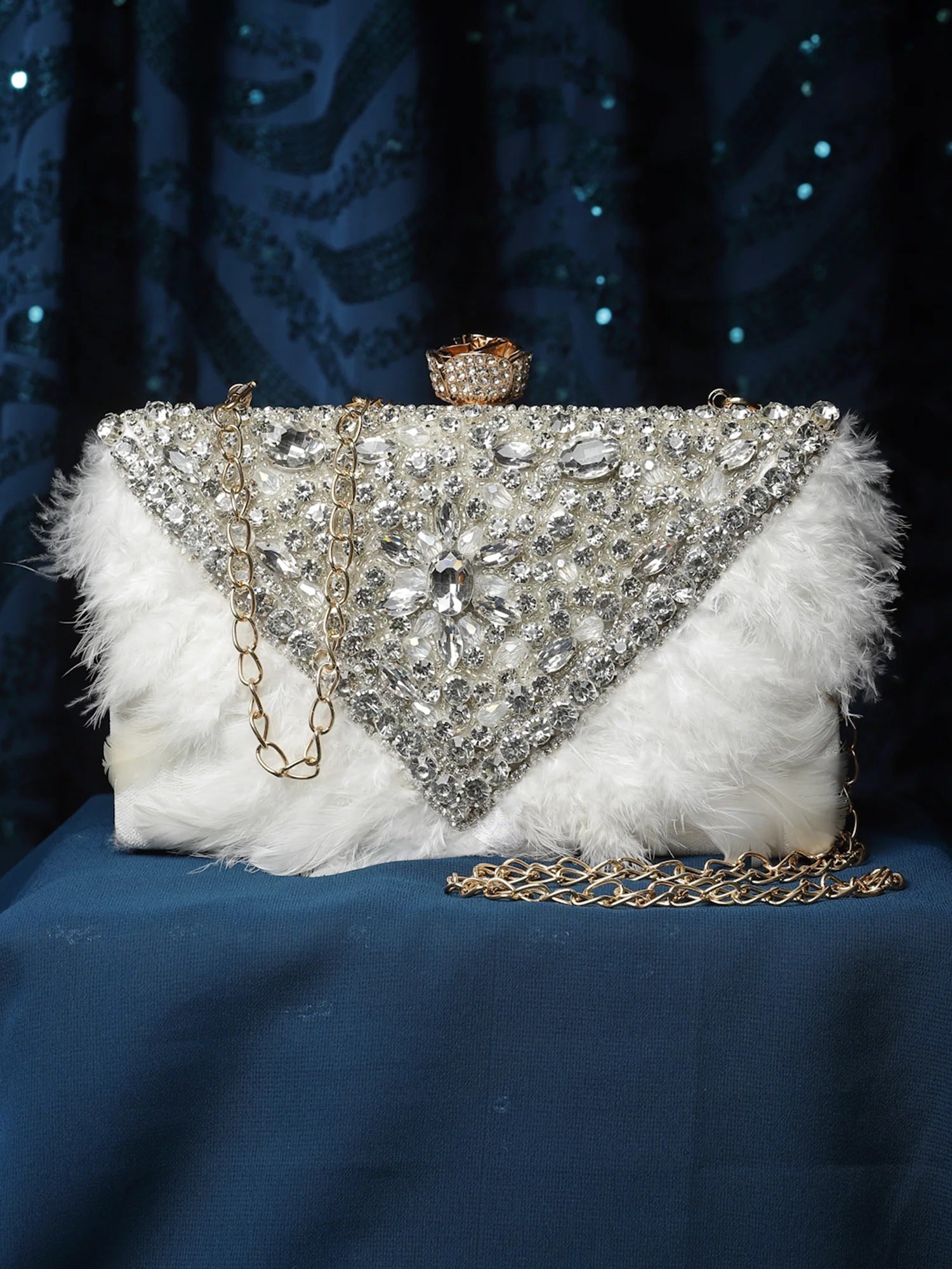Feather Stone Work Embellished Velvet Box Clutch