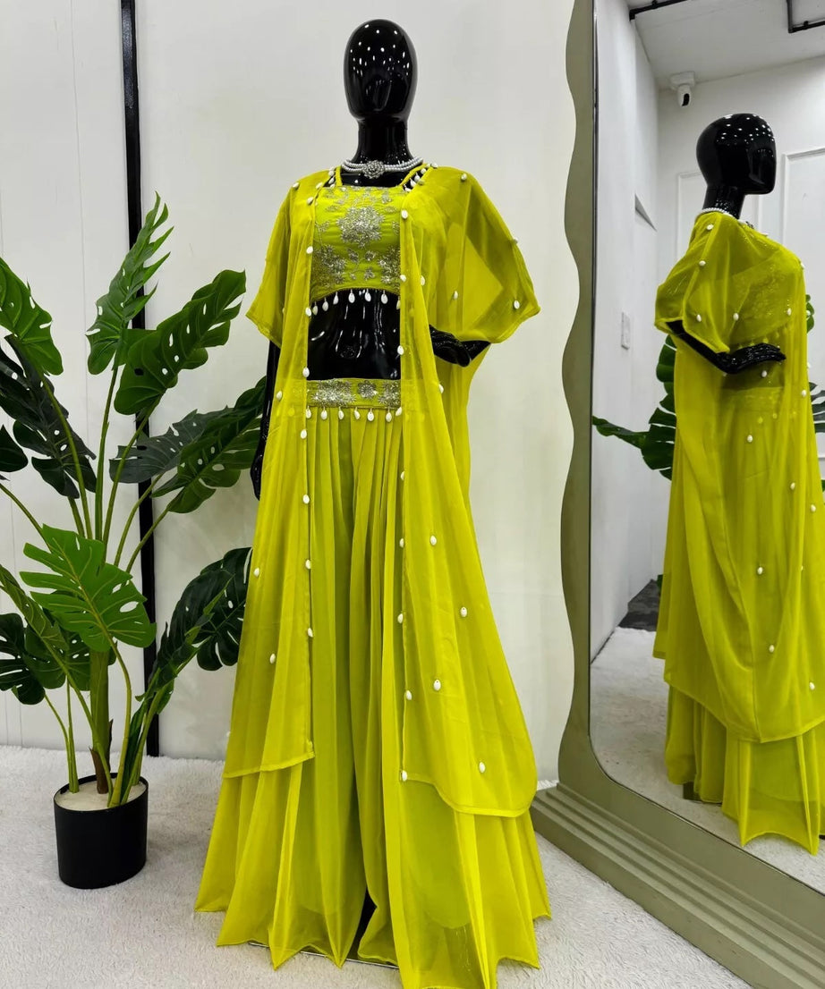 Georgette Sequence & Kodi Lace Border Choli Sharara With Koti