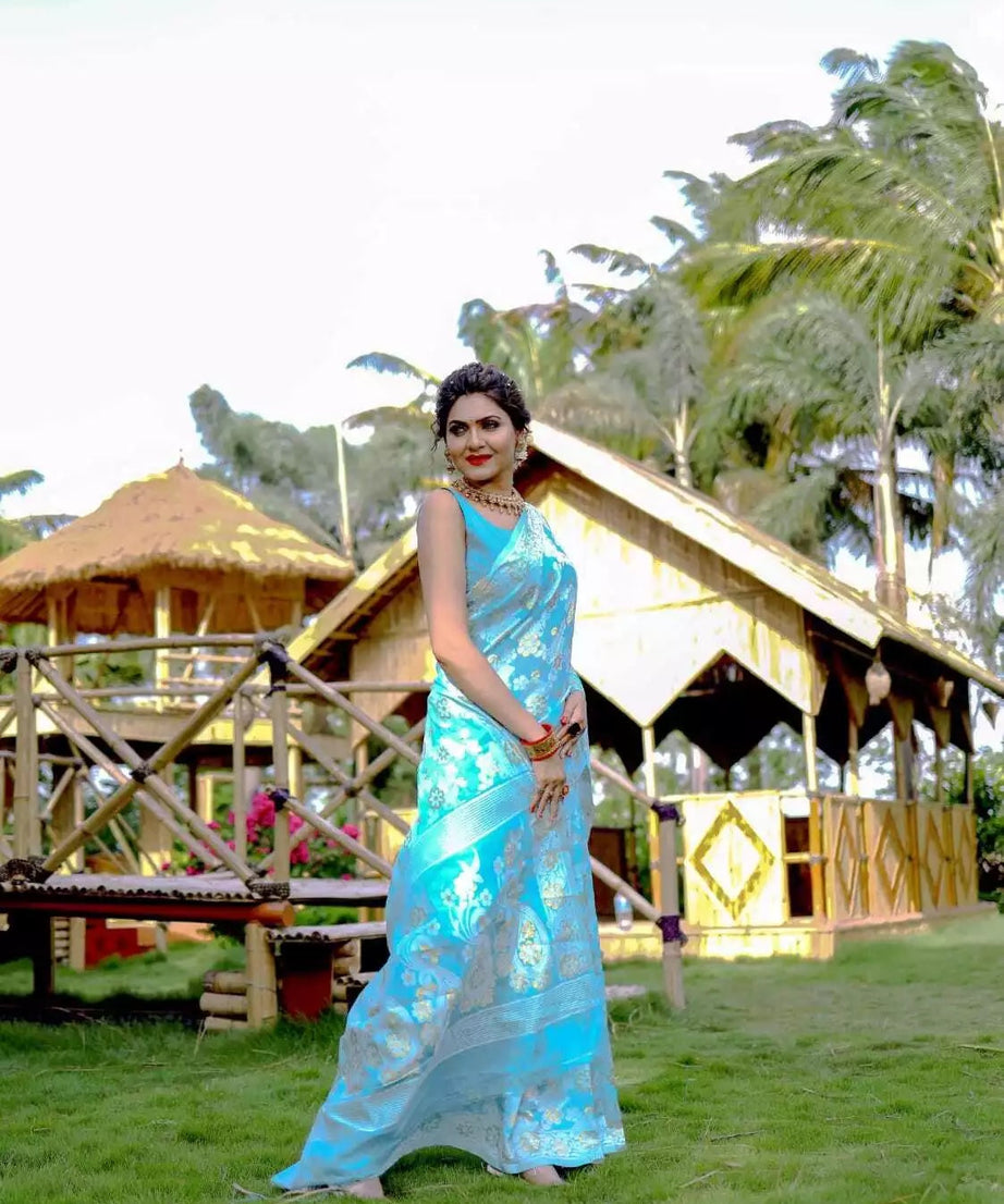 Soft Cotton Jamdani With Gold Zari Weaving Work  Sari & Blouse