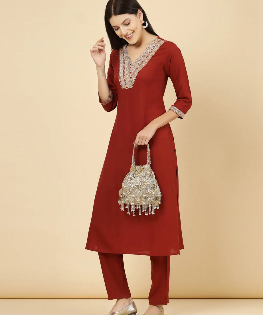 Droop Palmette Embellished Suede Potli Bag