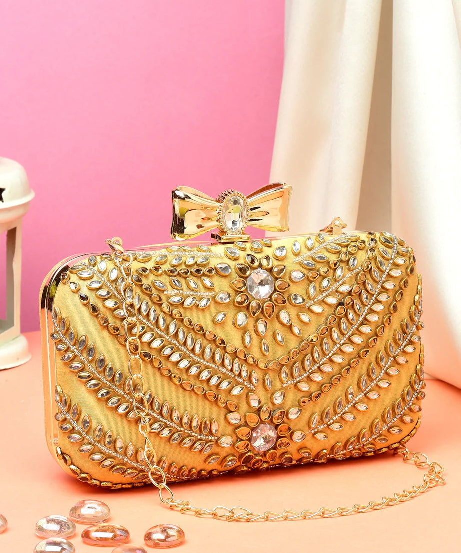 Adorn Stone Work Embellished Faux Silk Clutch