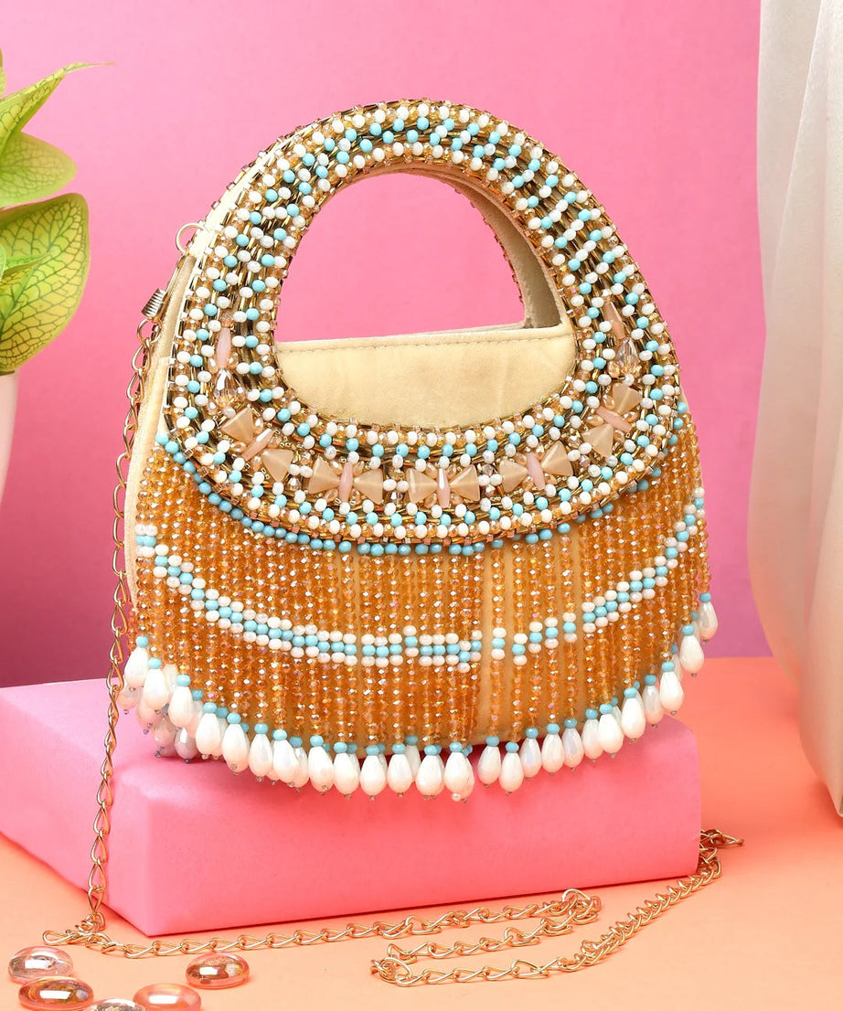 Dangle Bead Work Embellished Suede Clutch