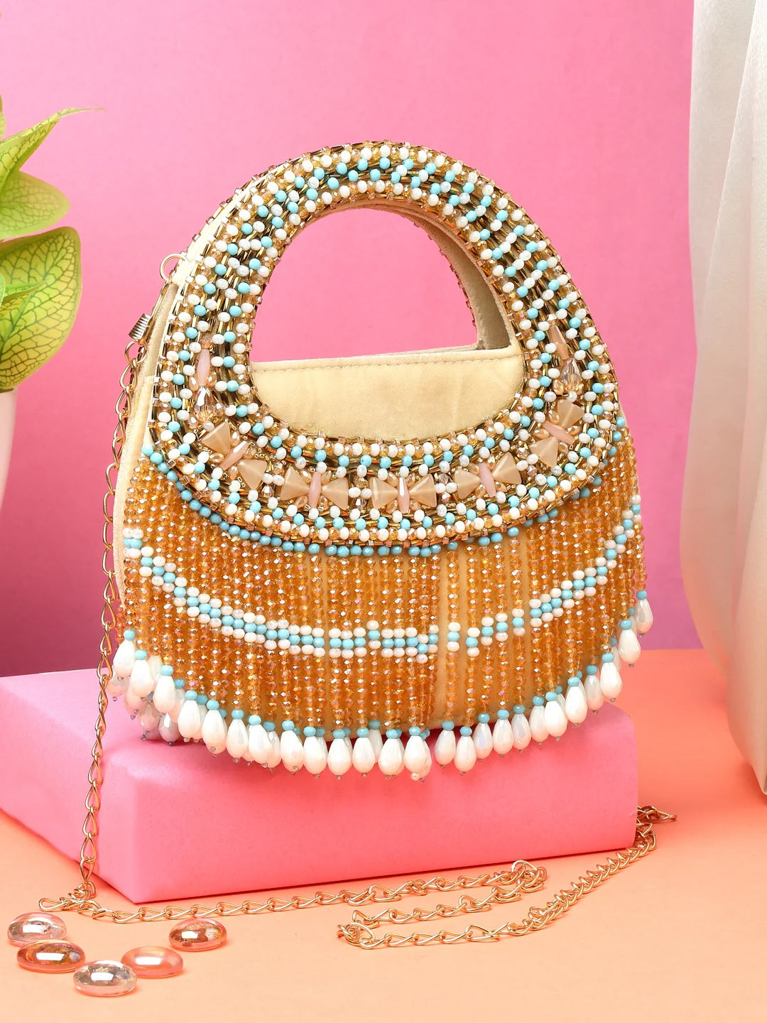 Dangle Bead Work Embellished Suede Clutch