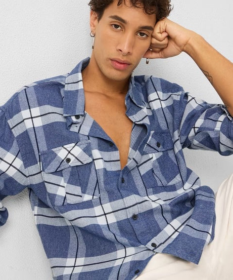 Plaid Blue, White Men Utility Shirts