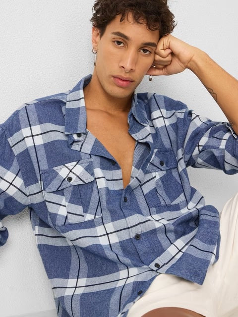 Plaid Blue, White Men Utility Shirts