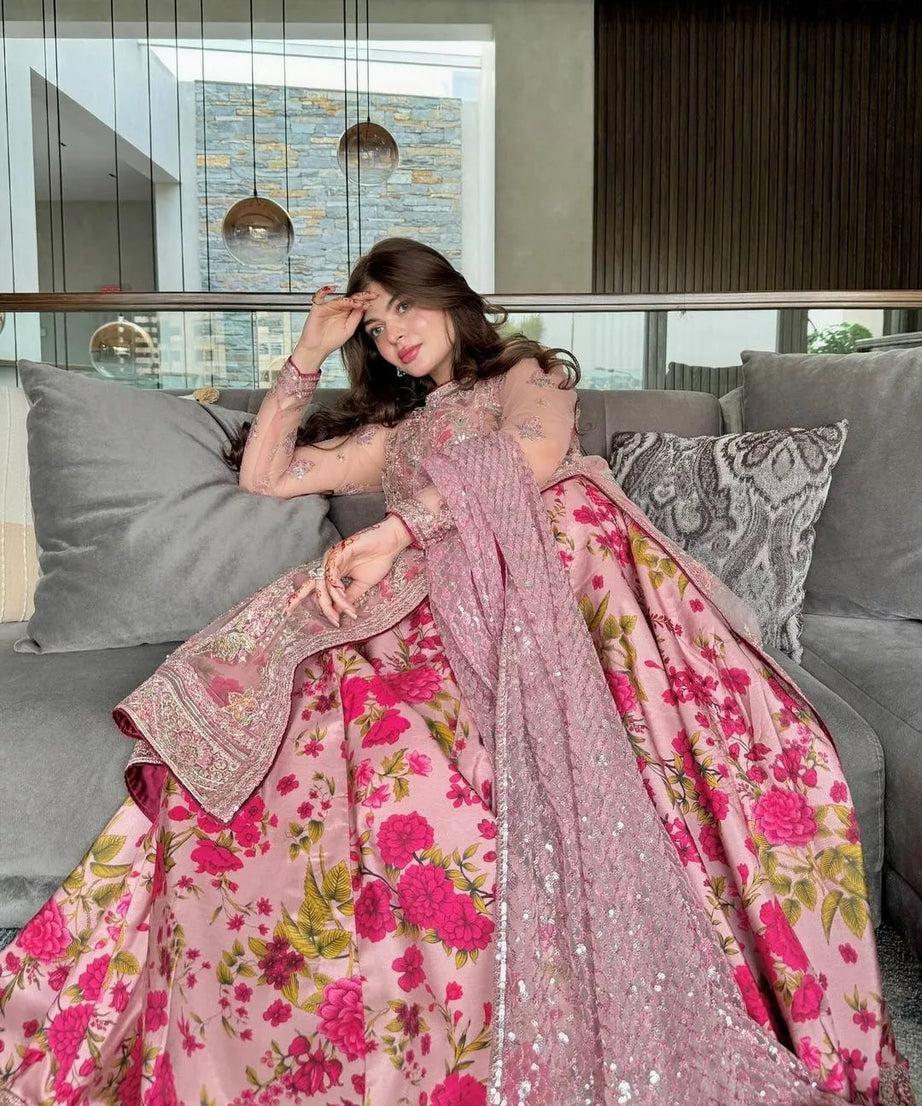 Butterfly Net With Thread & Sequence Work Bollywood Style Top Lehenga & Dupatta