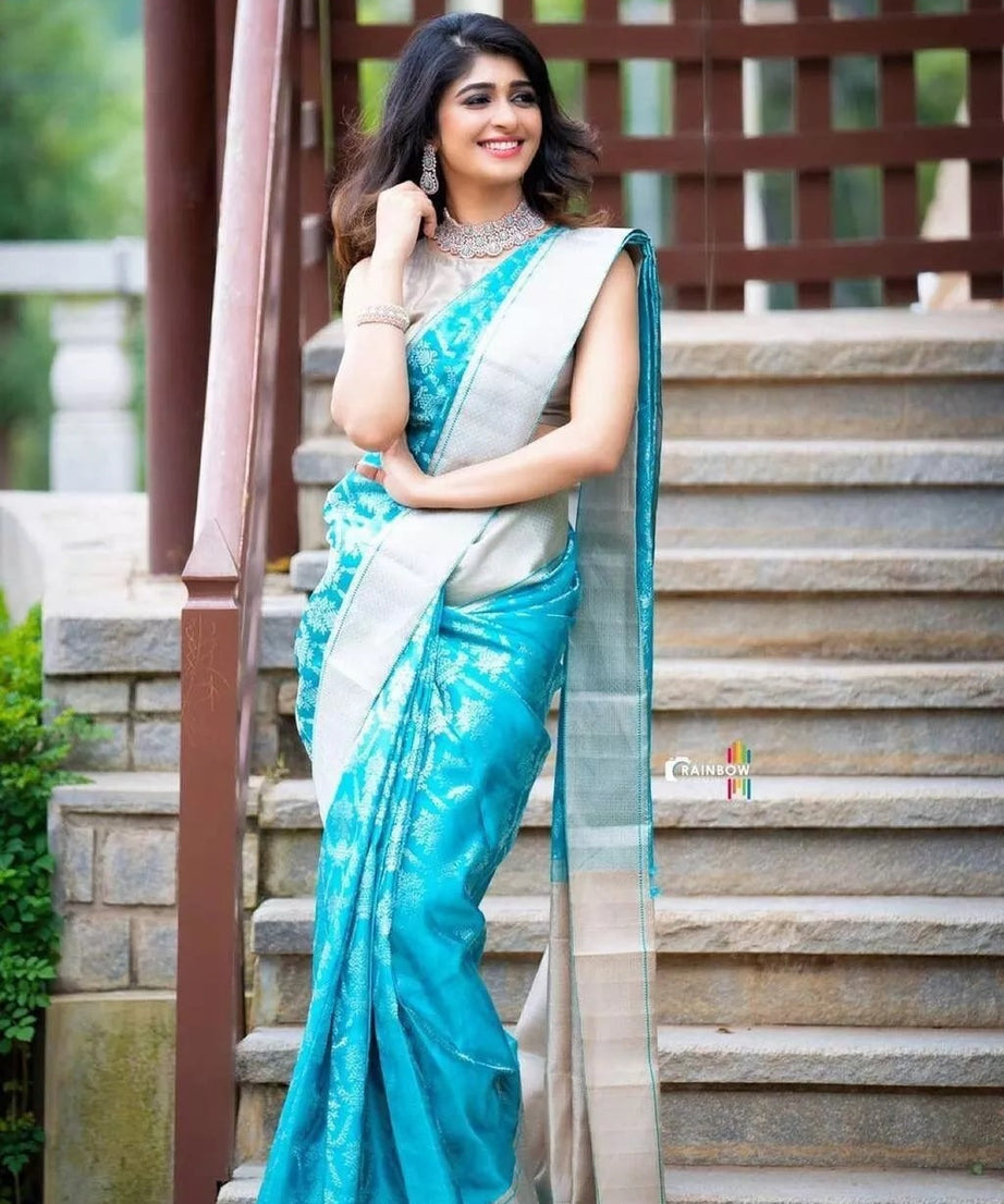 Sky Blue Latest Designer Exclusive Wedding Saree With Blouse