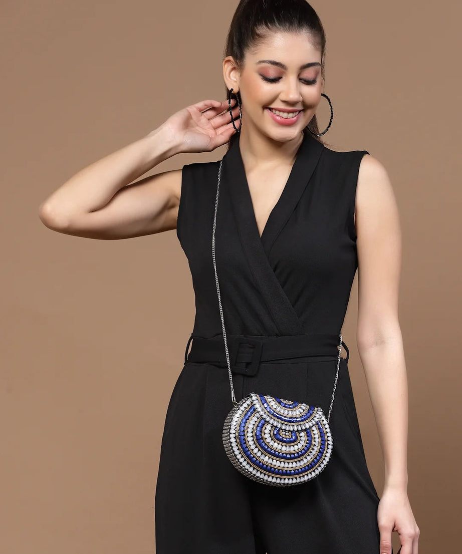Mosaic Stone Work Embellished Metal Clutch
