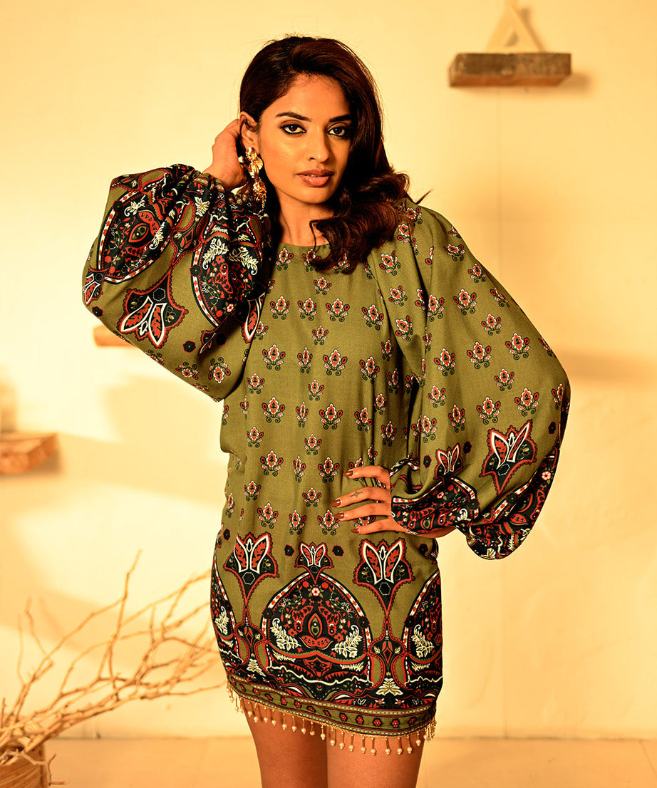 Olive Green Floral Tunic Dress Boho Chic Long Sleeve Mini Dress