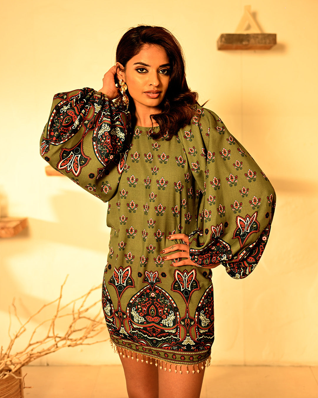 Olive Green Floral Tunic Dress Boho Chic Long Sleeve Mini Dress