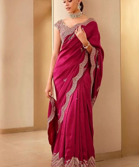 Soft Vichitra Silk With Fancy Thread Work & Sequence Work Saree With Blouse