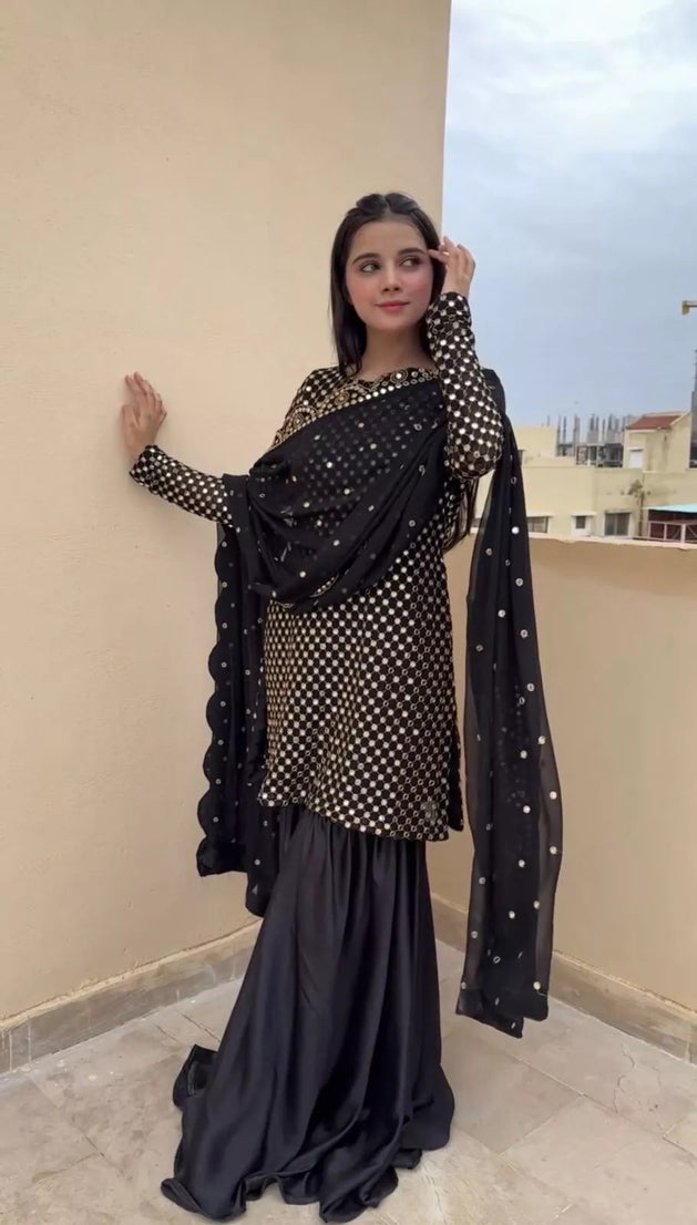 Georgette With Sequence Work  Pakistani Top Sharara Dupatta