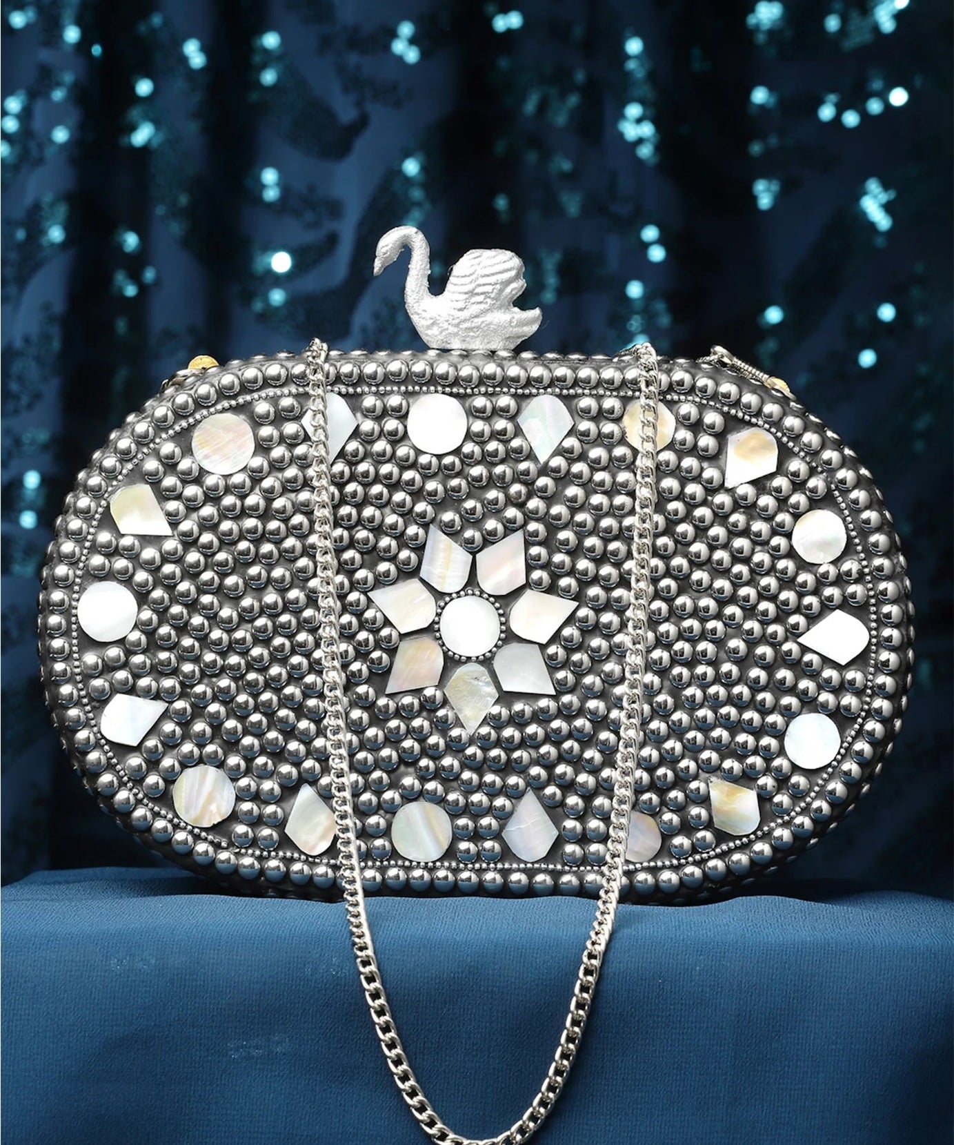 Mosaic Marble Mosaic Embellished Metal Box Clutch