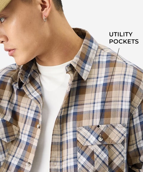 Plaid Brown Bisque Men Utility Shirts