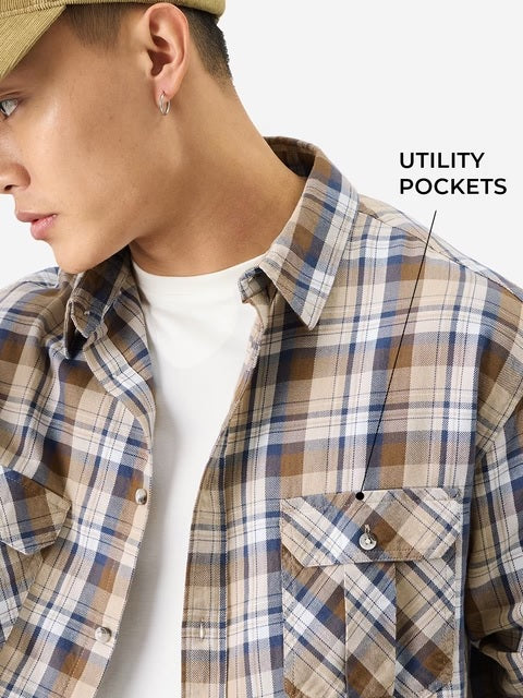 Plaid Brown Bisque Men Utility Shirts