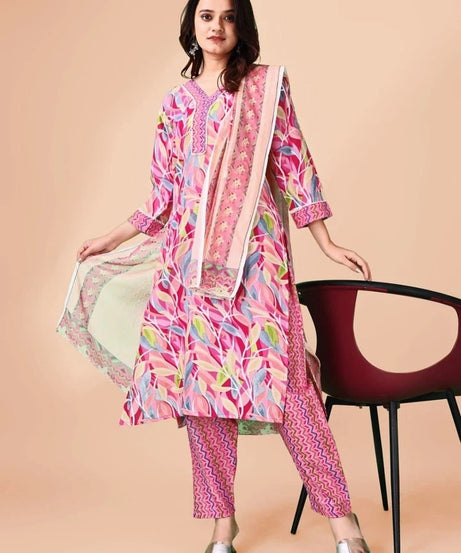 Heavy Cotton Blend Digital Print Kurti-Pant with Dupatta Women's 12-VZ