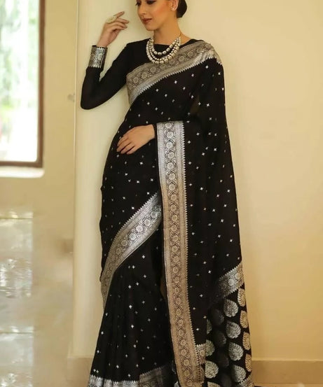 Black Designer Banarasi Soft Silk Saree & Blouse