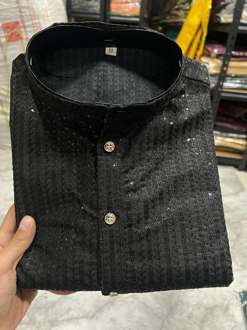 Heavy Banglori Silk With Embroidery Sequence Work Kurta Pajama Set